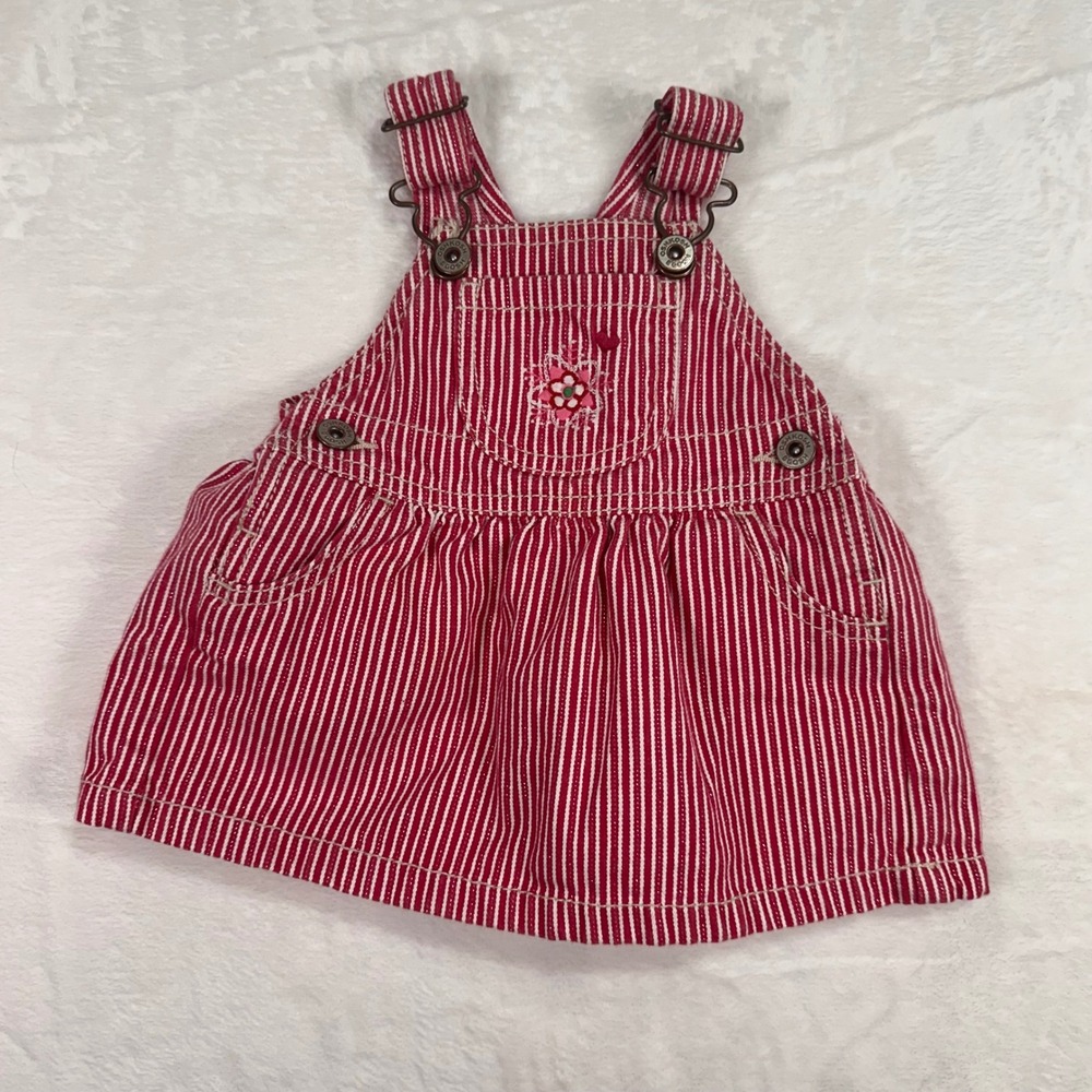 OshKosh B'gosh Overall Denim Dress 3M Red White‎ Stripe Embroidered Vest back
